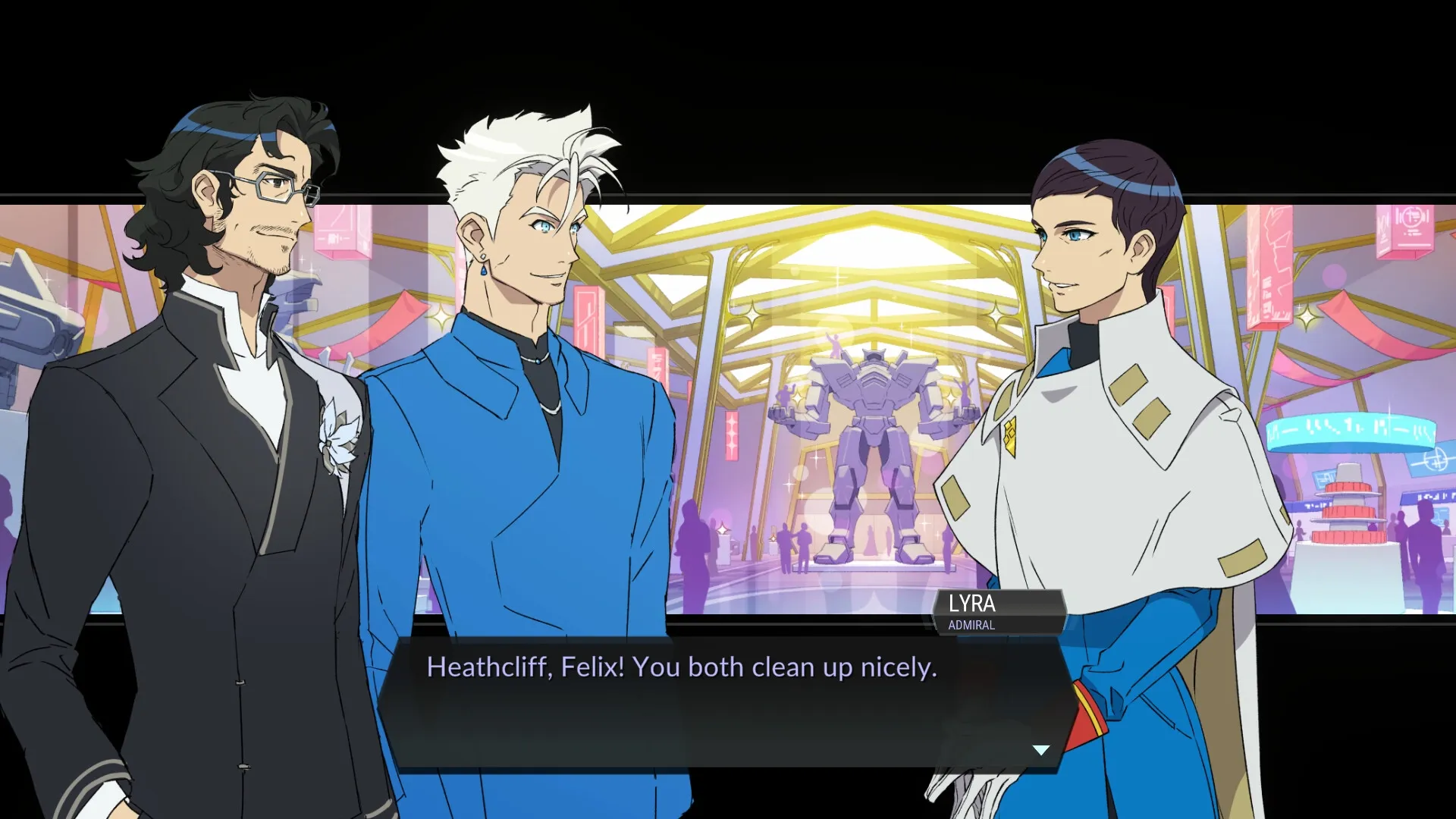 Battle Suit Aces: Heathcliff and Felix in formal attire chatting in a futuristic hall with mech statue.