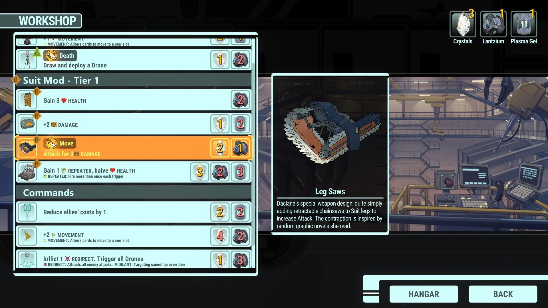 Battle Suit Aces: Workshop interface displaying Leg Saws weapon upgrade with detailed stats and effects