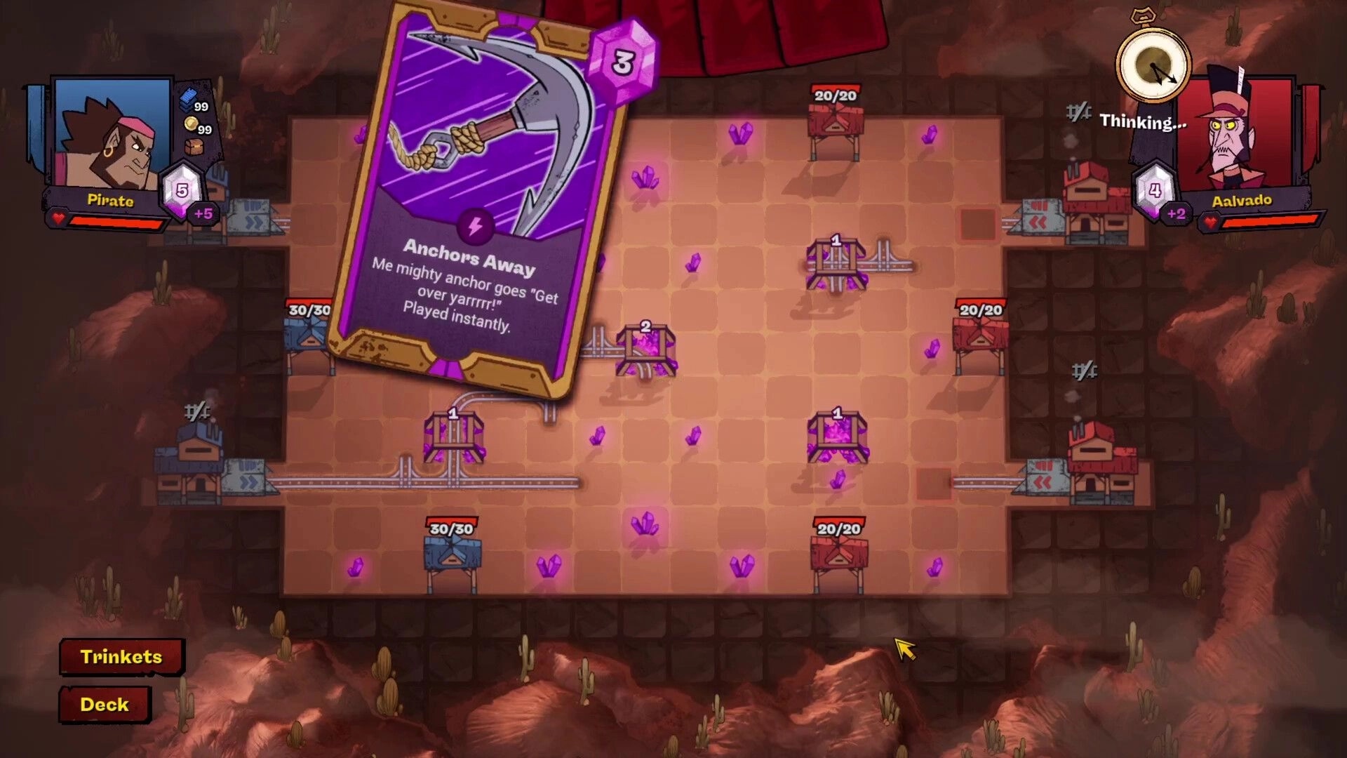 Battle Train: Pirate character uses "Anchors Away" card on grid with purple crystals and train tracks