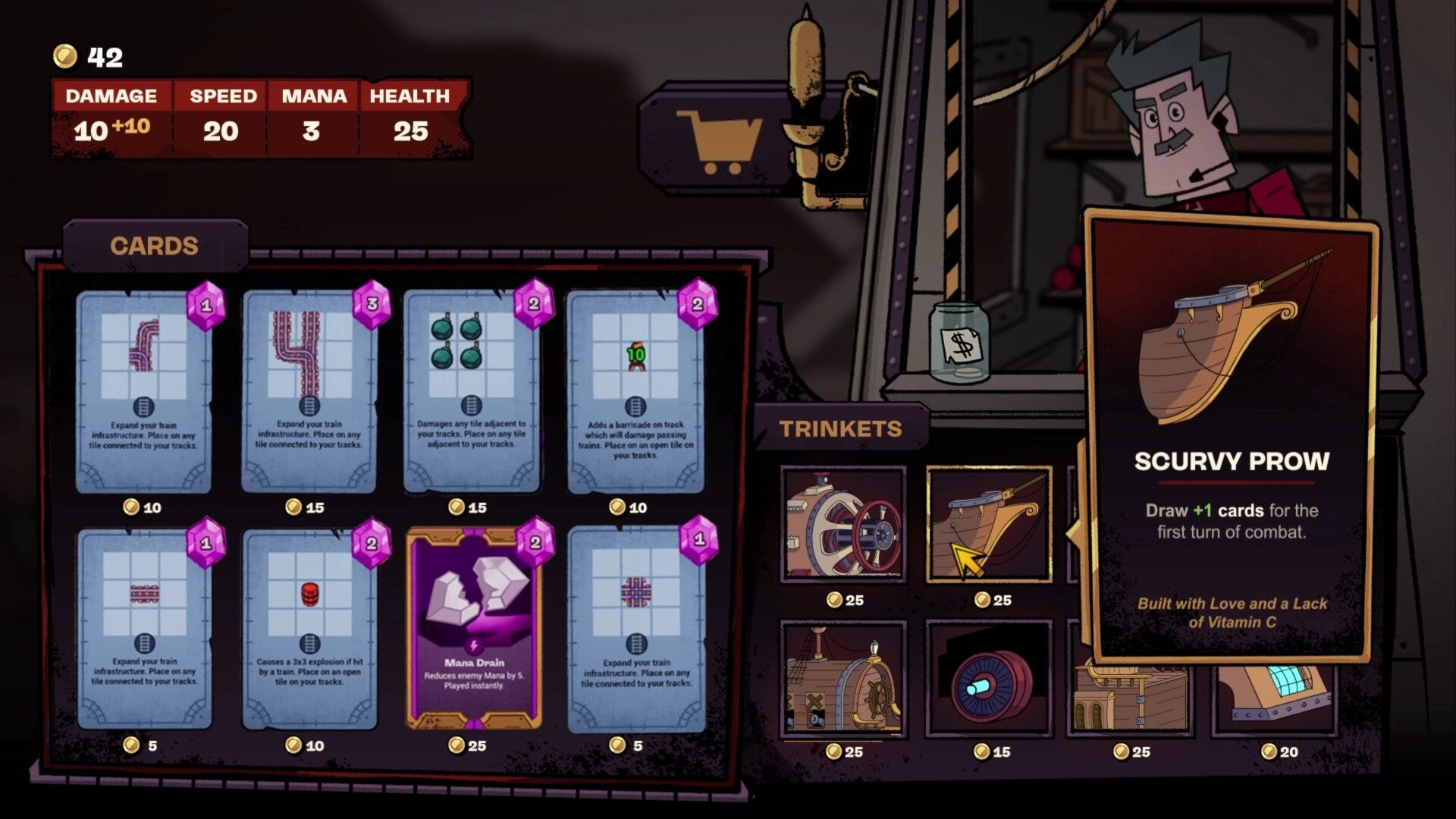 Battle Train: Card selection and trinket shop interface with character in a train-themed setting.