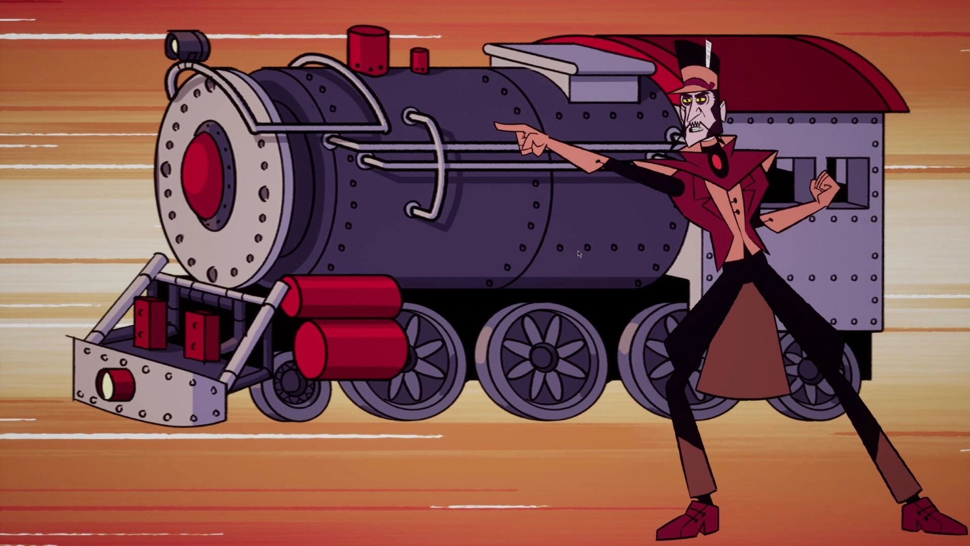 Battle Train: Character points dramatically at a steam locomotive on a speeding desert track