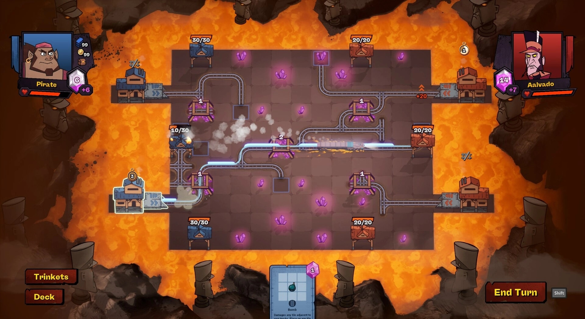 Battle Train: Strategic rail combat between Pirate and Aalvado on a lava-filled battlefield