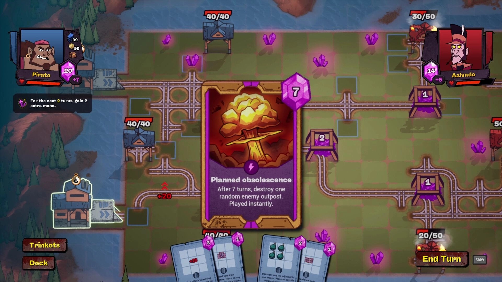 Battle Train: Card "Planned obsolescence" displayed over strategic train track map environment