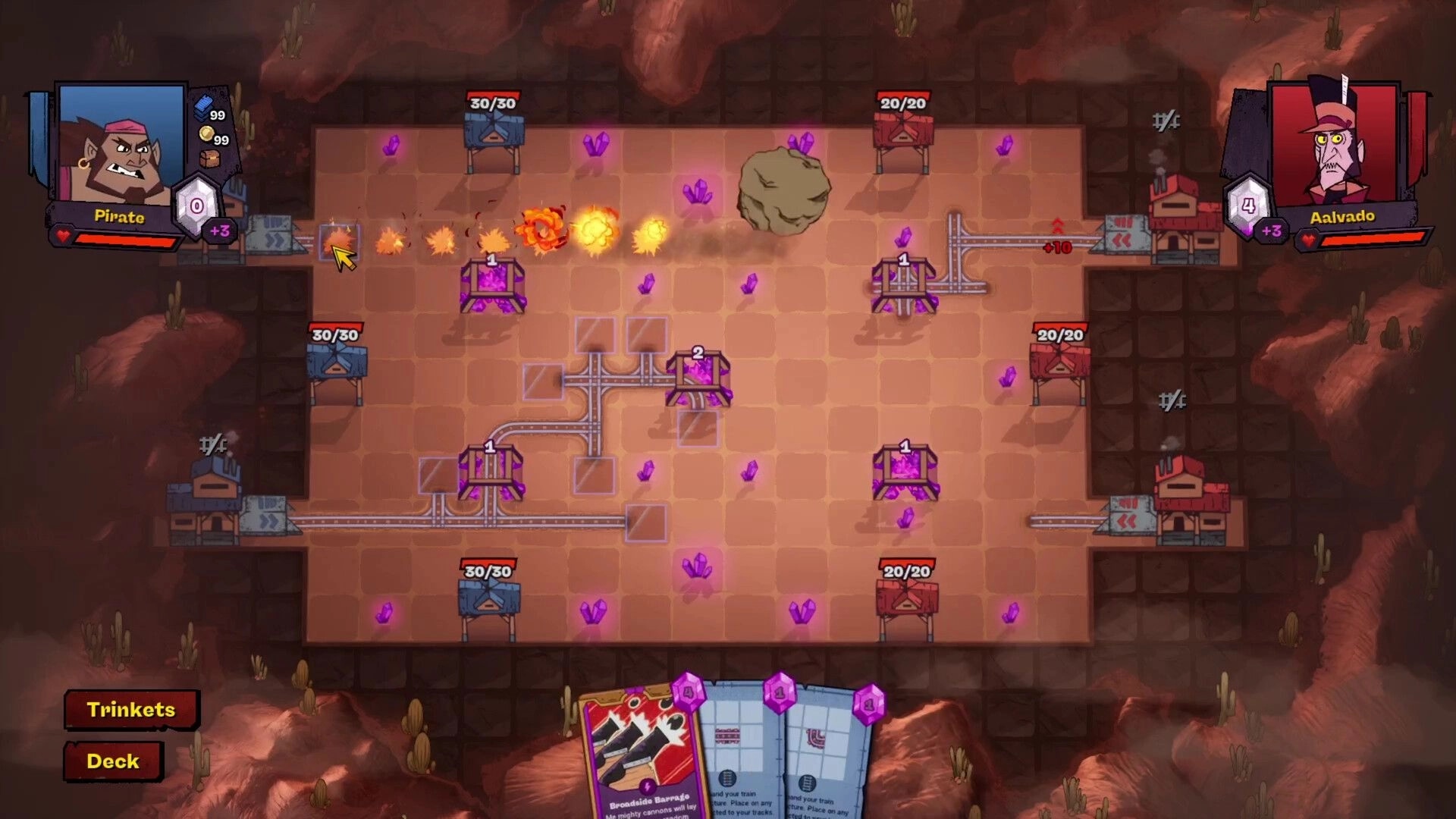Battle Train: Tactical board with Pirate vs Aalvado, purple crystals, and deck cards in desert arena.