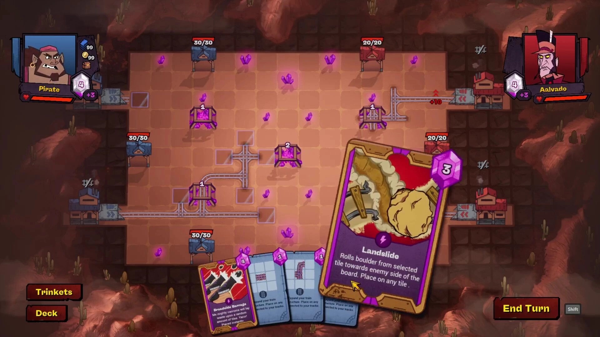 Battle Train: Tactical card play with Pirate versus Aalvado in a desert arena, highlighting track layout.
