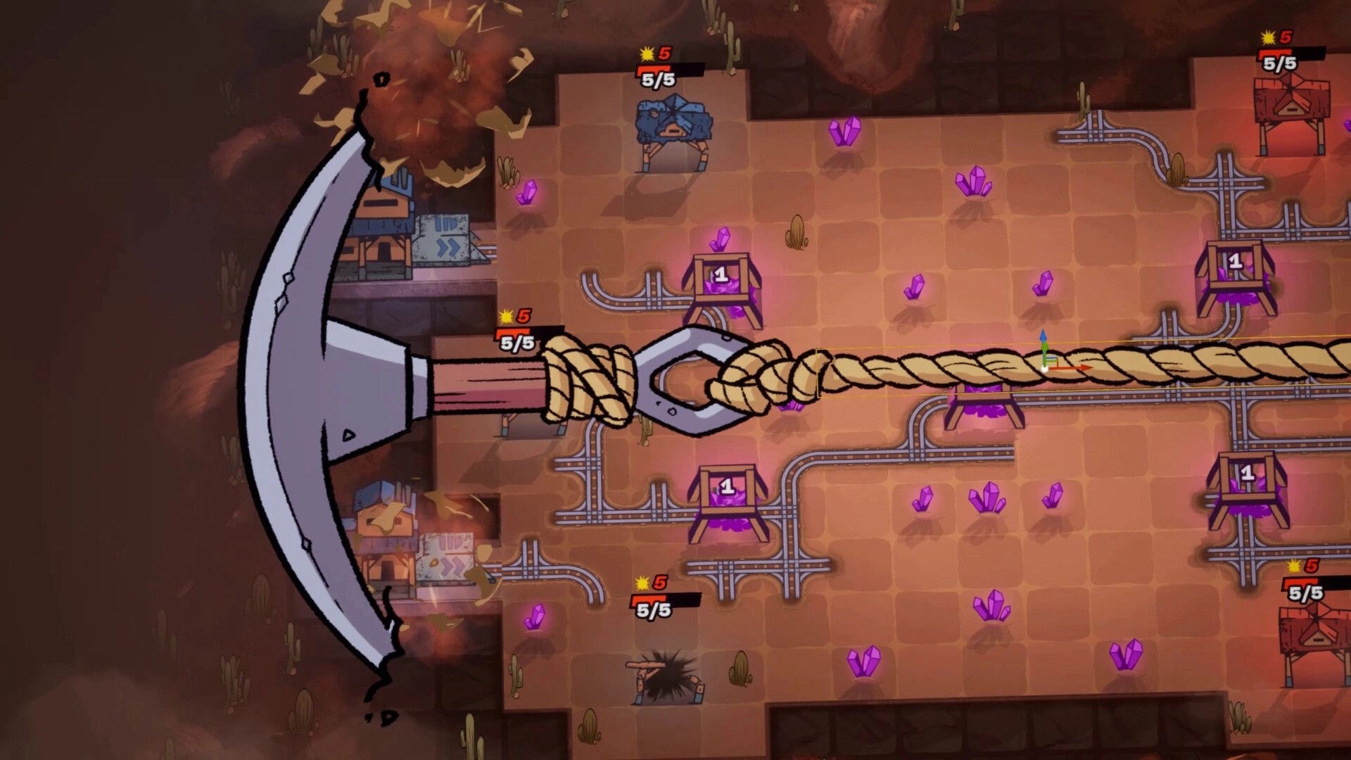 Battle Train: Giant pickaxe with rope over grid of tracks and crystals with enemy health bars displayed
