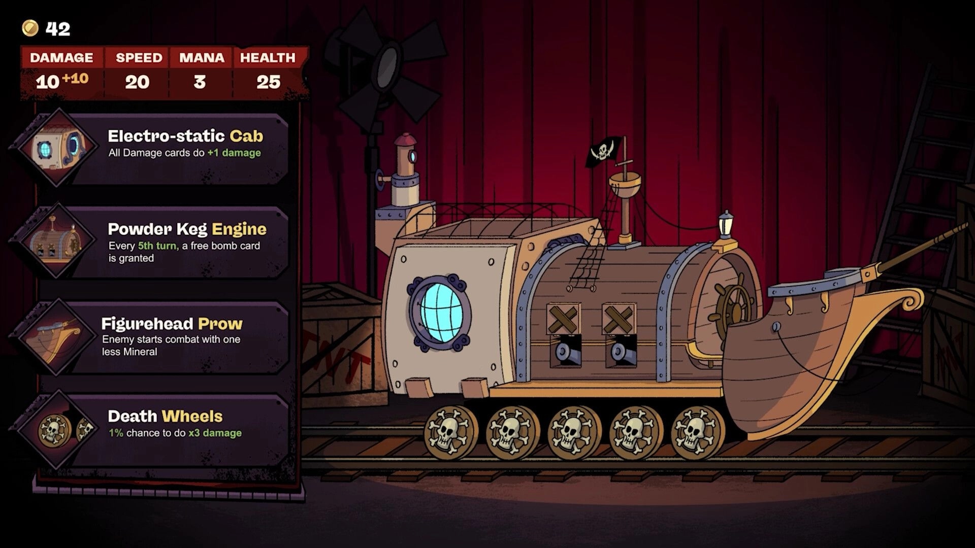 Battle Train: Steampunk train customization with upgrade options in a dimly lit workshop setting.