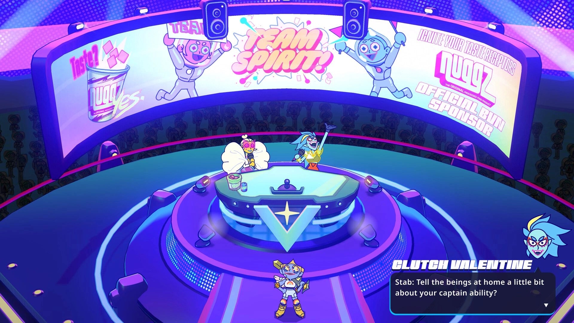 Battle Vision: Dialogue with Clutch Valentine on neon arena talk show stage with giant sponsor screen.