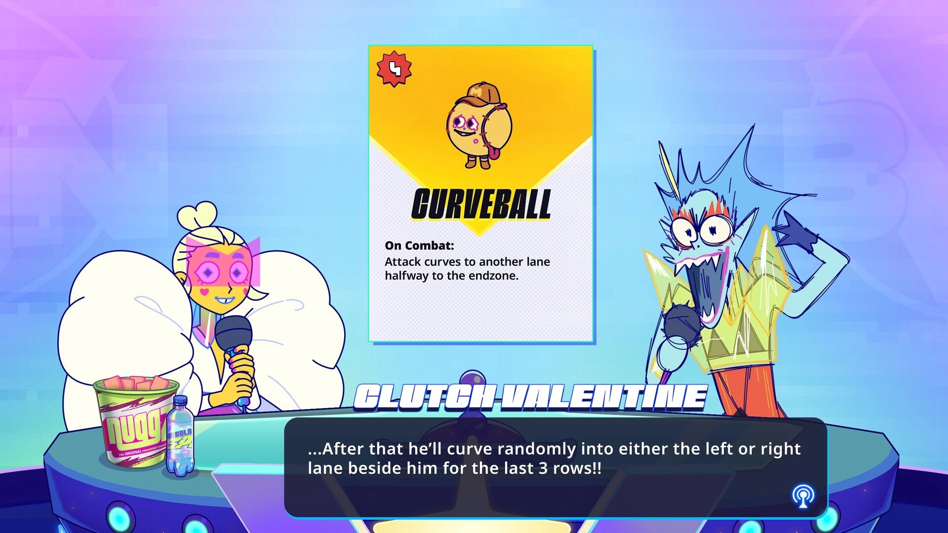 Battle Vision: Curveball ability card tutorial with two announcers at a neon desk on blue backdrop.