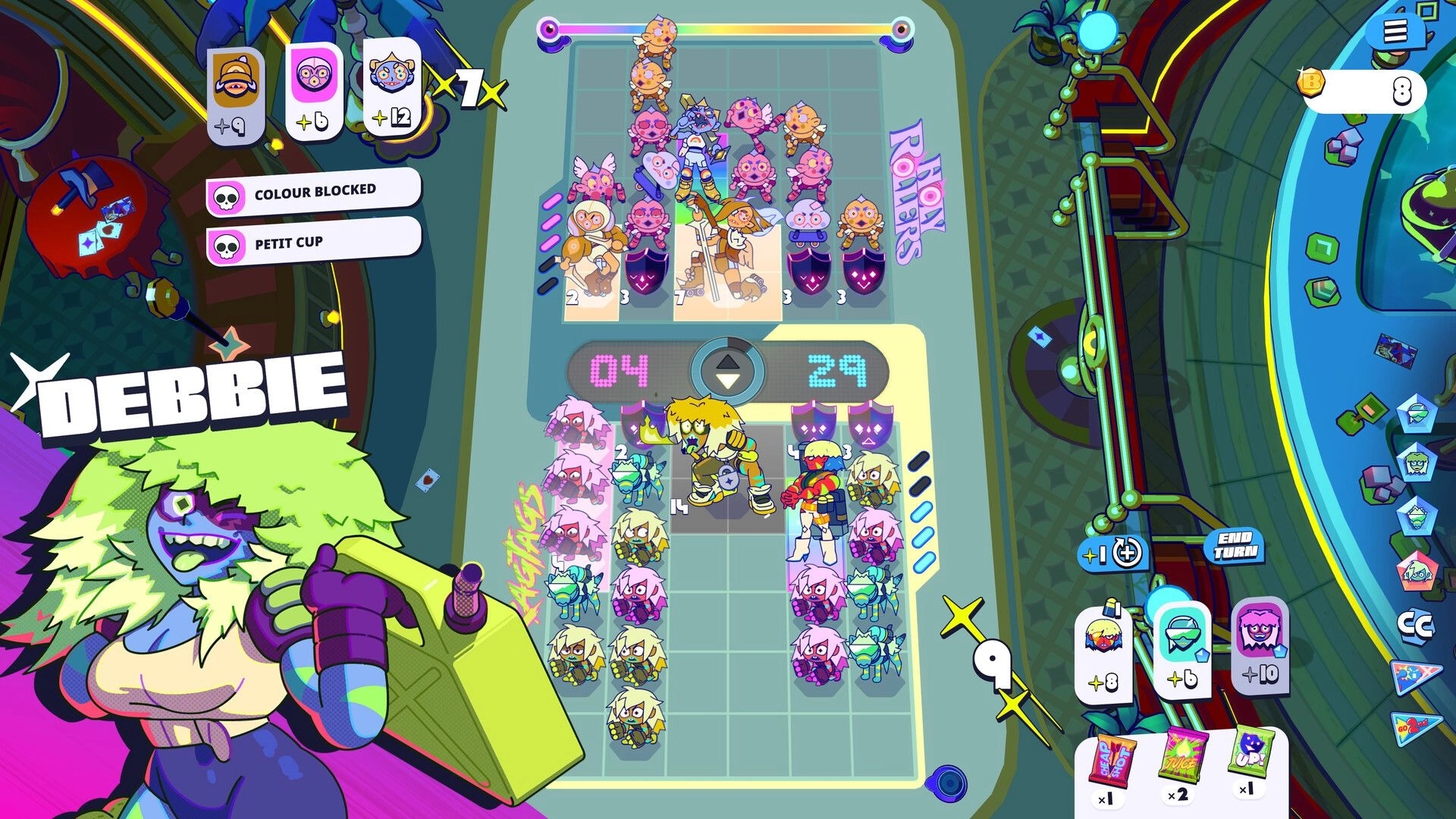 Battle Vision: Debbie portrait beside tactical grid match with units, score 04–29, neon arena UI.