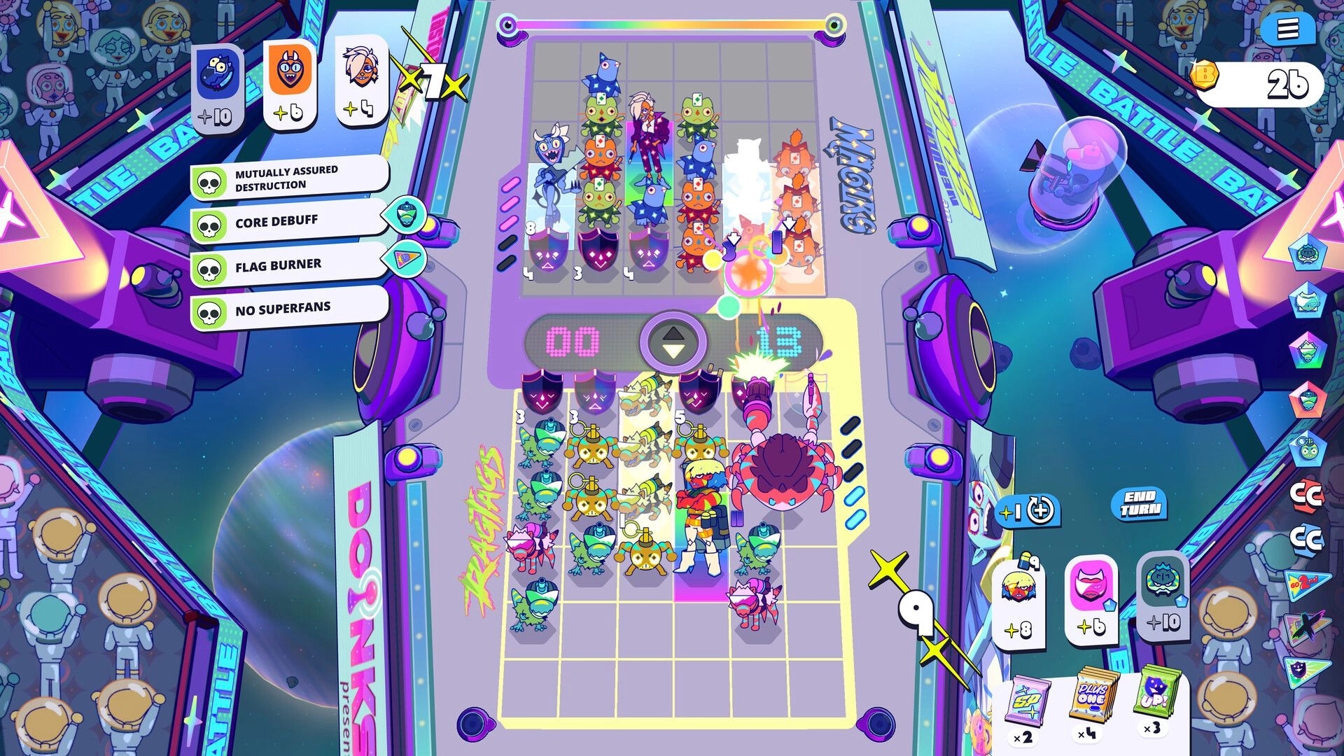 Battle Vision: Turn-based grid battle with colorful monsters, debuff list, and End Turn button in arena.