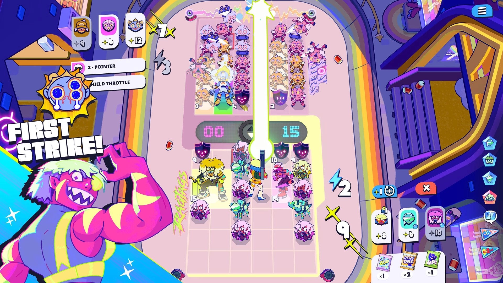 Battle Vision: First Strike battle grid with teams lined up, cards and score UI in neon arena.