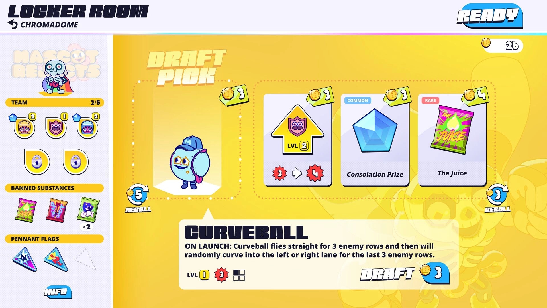 Battle Vision: Locker Room draft pick screen with item cards, reroll buttons, and team icons UI.