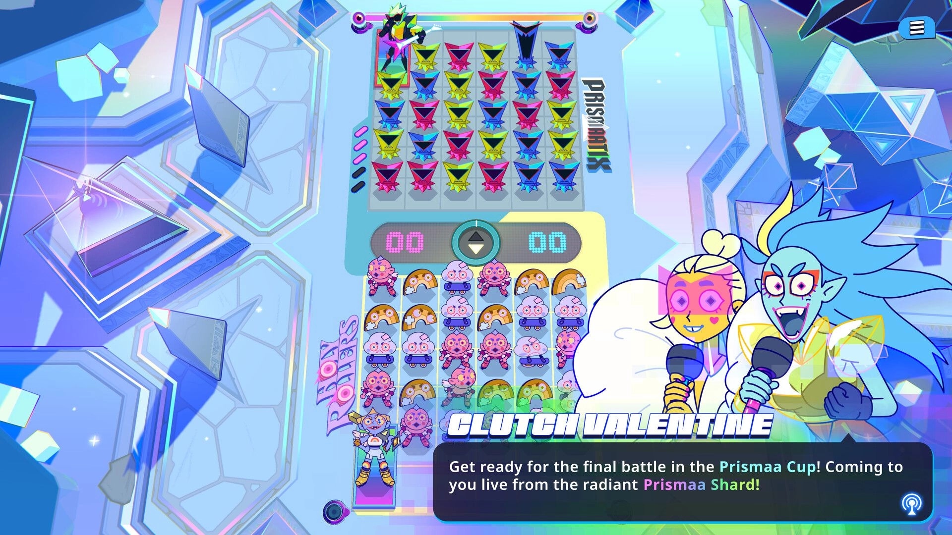 Battle Vision: Prismata Cup match-3 battle board with score display and announcer overlay in neon arena.