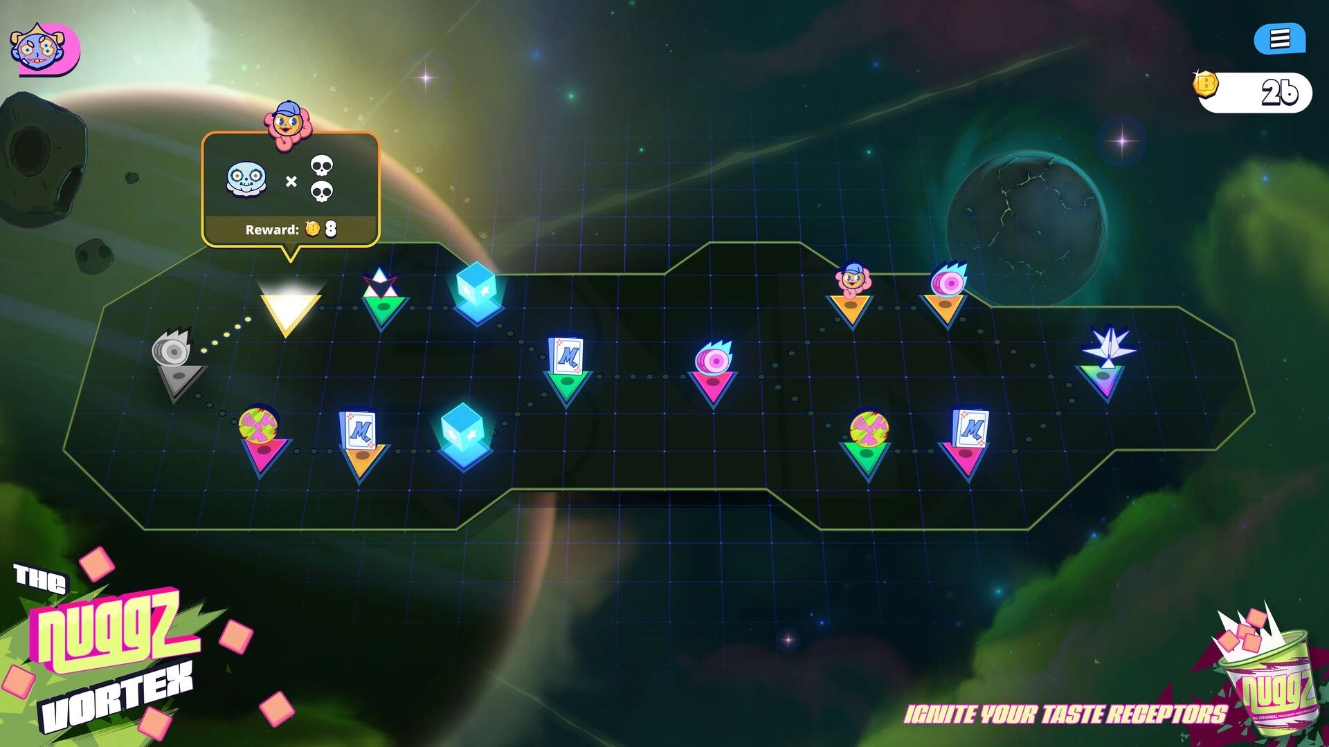 Battle Vision: Route map with branching nodes and reward popup over a starry space grid backdrop.