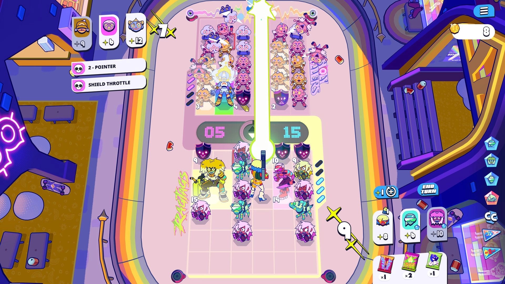 Battle Vision: Turn-based grid battle with stacked fighters, score meter, and End Turn in neon arena.
