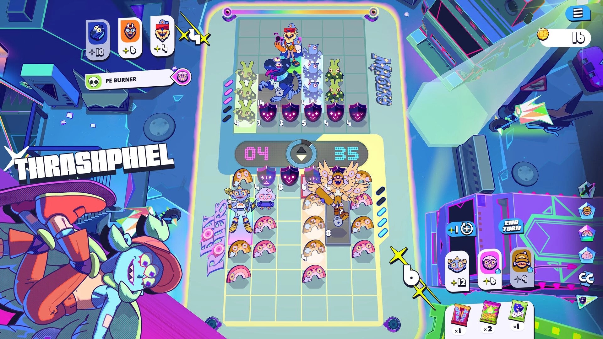 Battle Vision: Turn-based grid battle with monster stacks, score 04 vs 35, and End Turn button in arena.