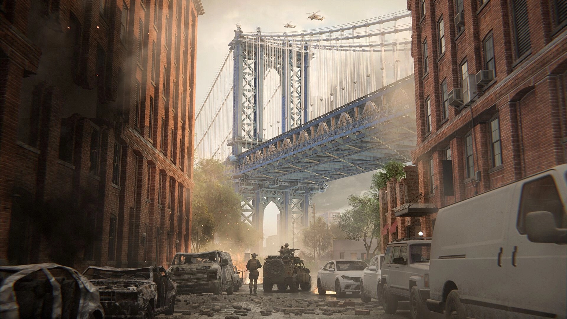 Battlefield™ 6: Soldiers advance with armored vehicle under bridge in war-torn urban street environment.