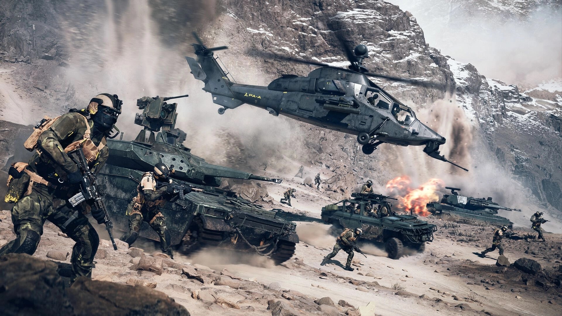 Battlefield™ 6: Soldiers in intense combat with tanks and helicopters in rugged mountain terrain