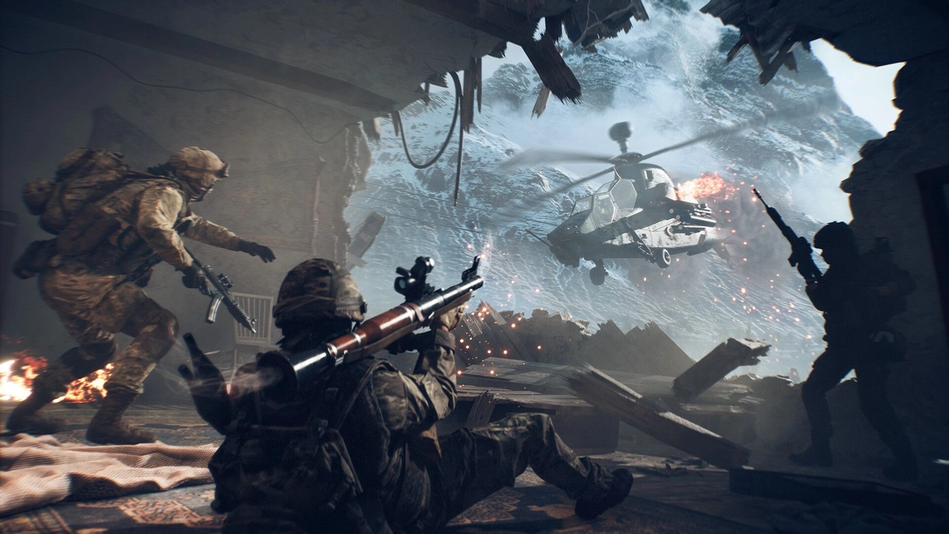 Battlefield™ 6: Soldiers engage helicopter in a snowy mountain setting through a shattered building wall.