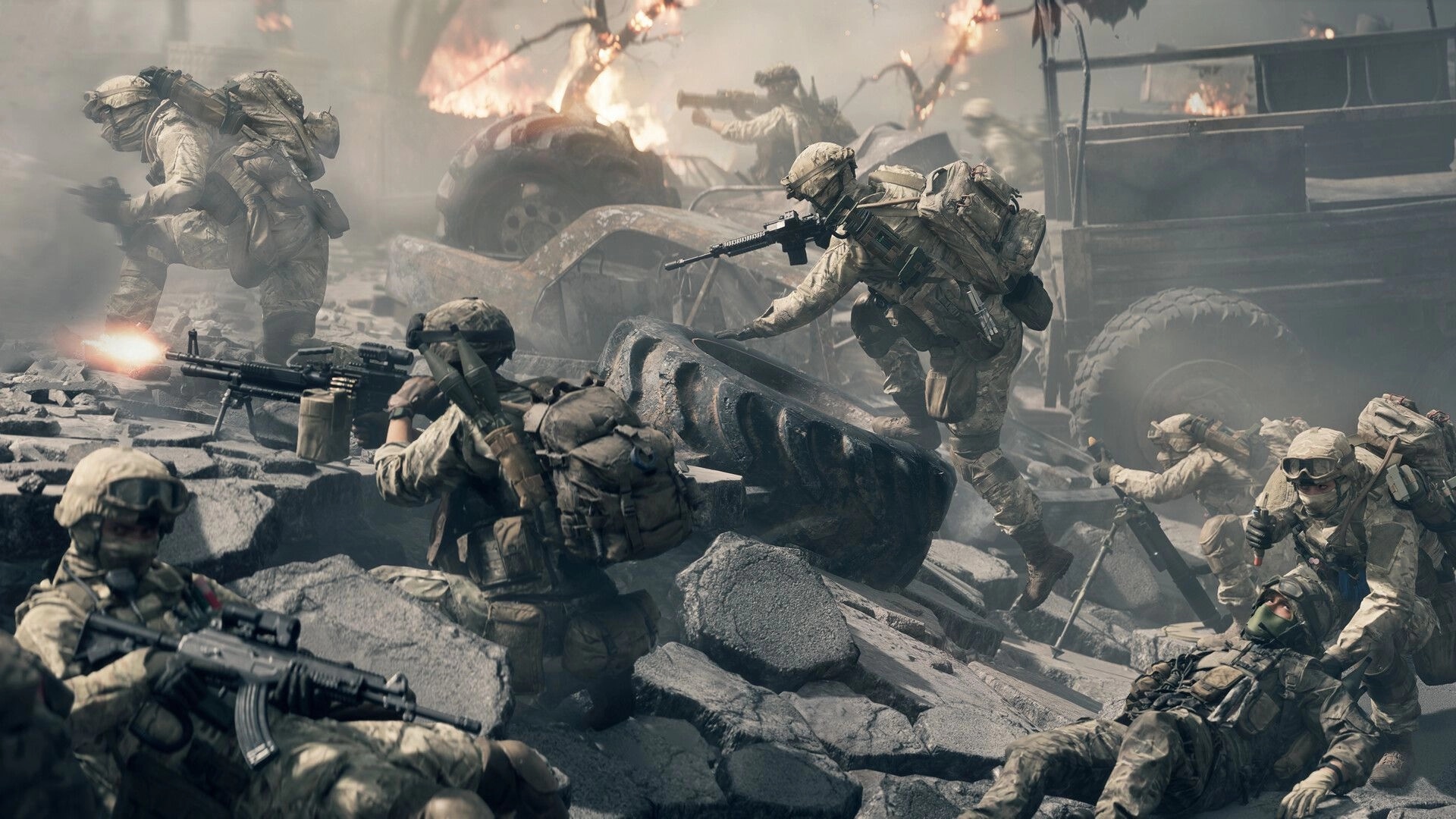 Battlefield™ 6: Soldiers engage in intense firefight amidst rubble and burning wreckage in urban warzone.