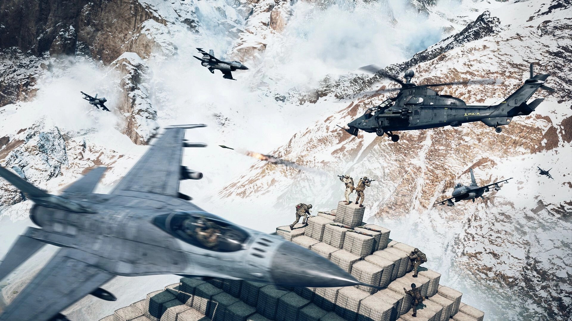 Battlefield™ 6: Soldiers on supply crates engage in combat as jets and helicopters fly over snowy mountains
