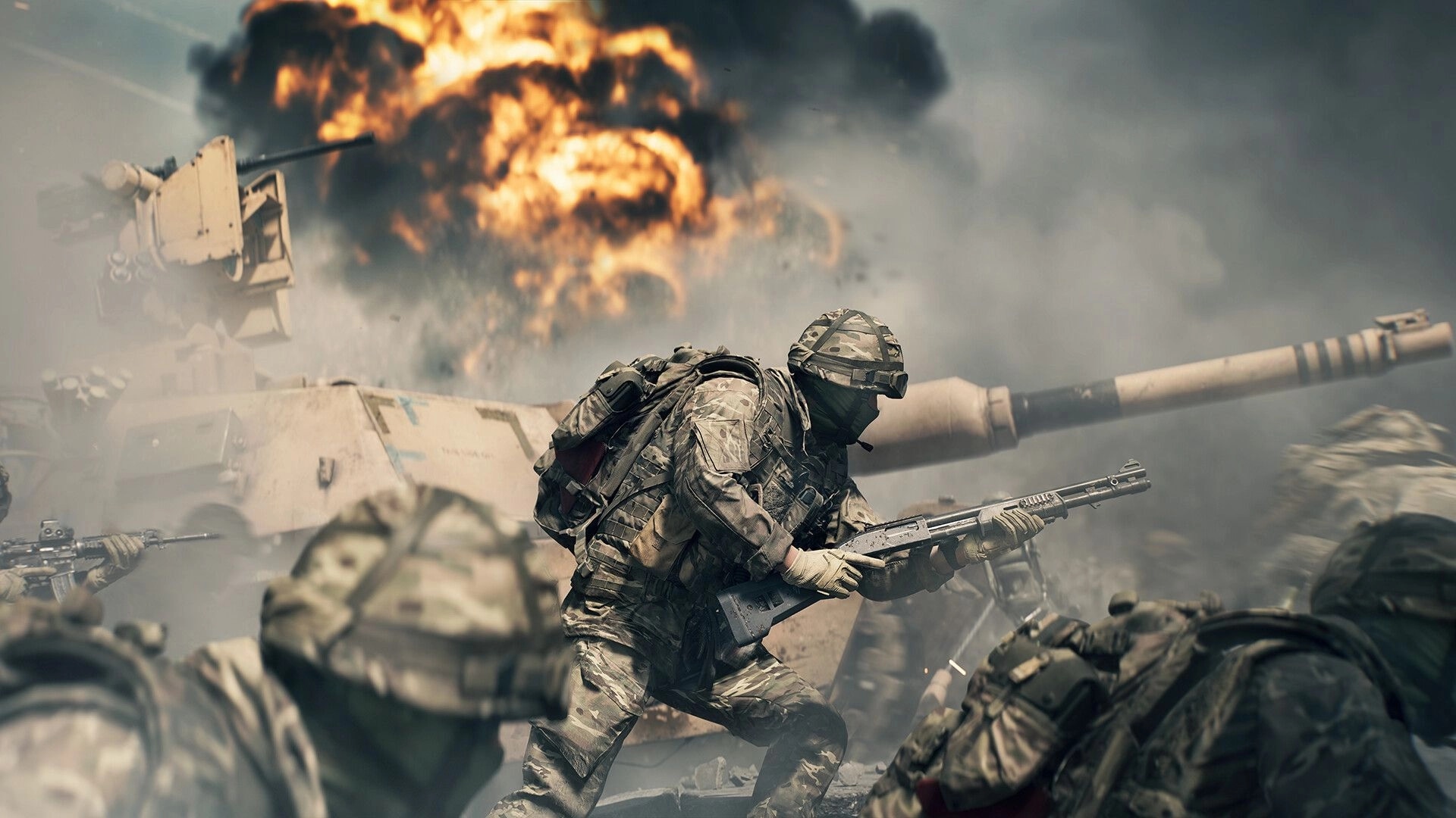 Battlefield™ 6: Soldier advancing near tank amidst explosion in intense battlefield environment