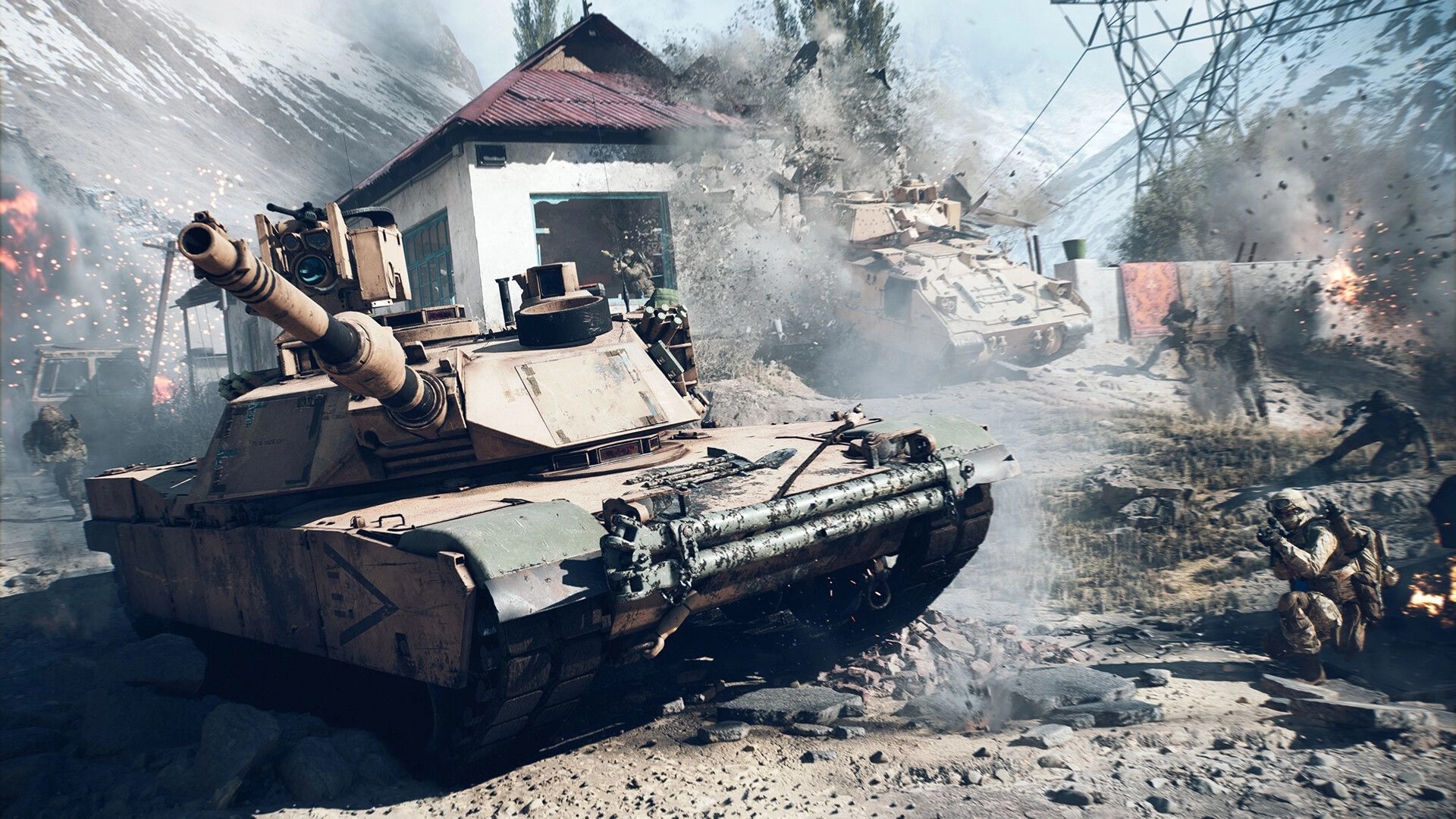 Battlefield™ 6: Tanks advance through debris-filled village with soldiers in combat and explosions around.