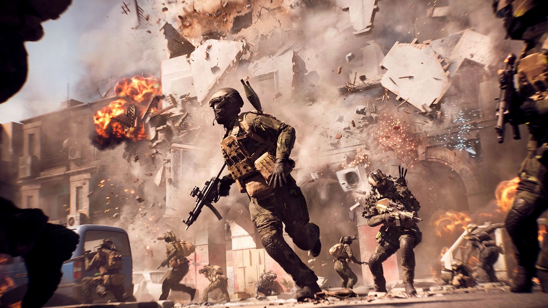 Battlefield™ 6: Soldiers sprint through a war-torn city with explosions and debris filling the air.