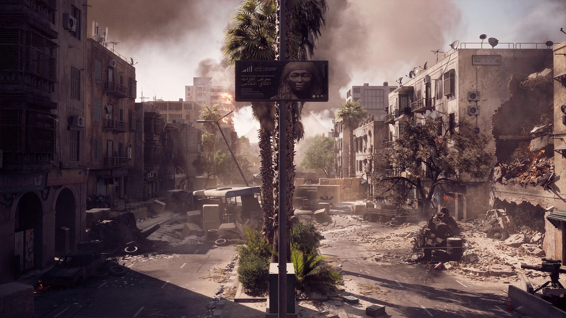 Battlefield™ 6: Destructed urban street with burning buildings and military debris under smoky skies