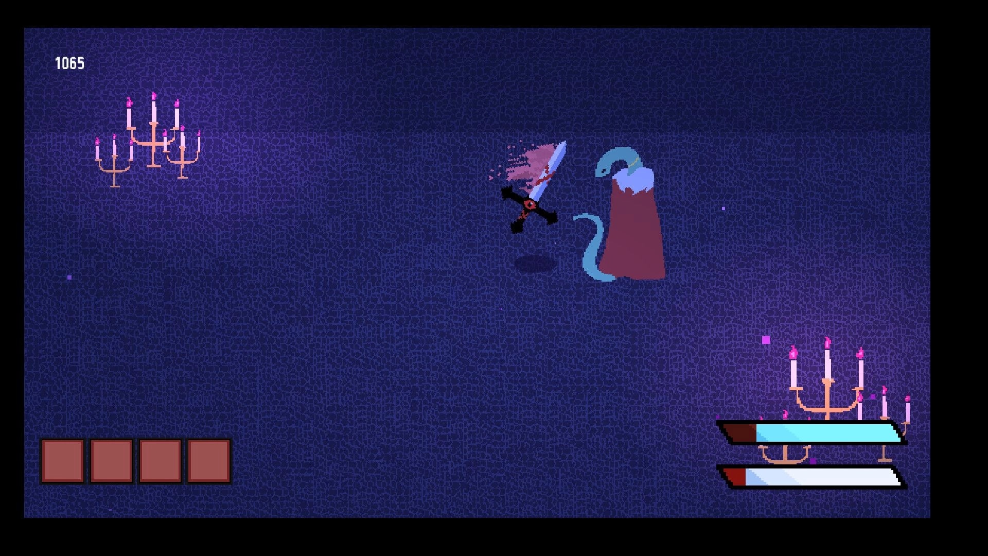 Be the Sword: Combat with a snake-like enemy in a dark, pixelated room with candlesticks and health bars.