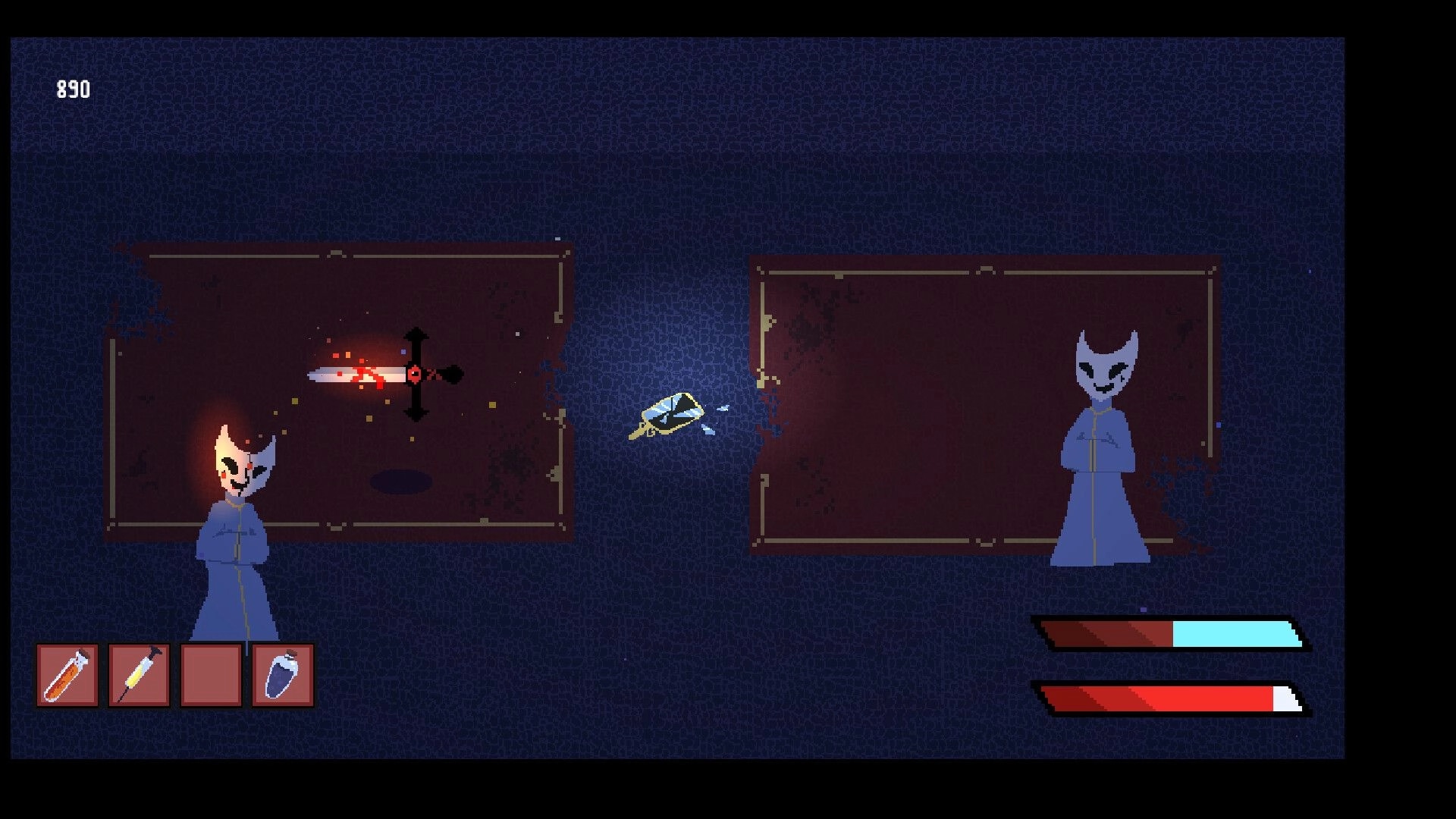 Be the Sword: Sentient sword facing masked figure in dark room with health and item HUD elements displayed