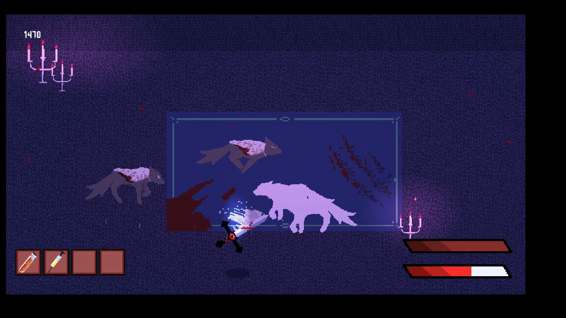 Be the Sword: Sentient sword battles shadow wolves in a dark chamber with UI showing health and items