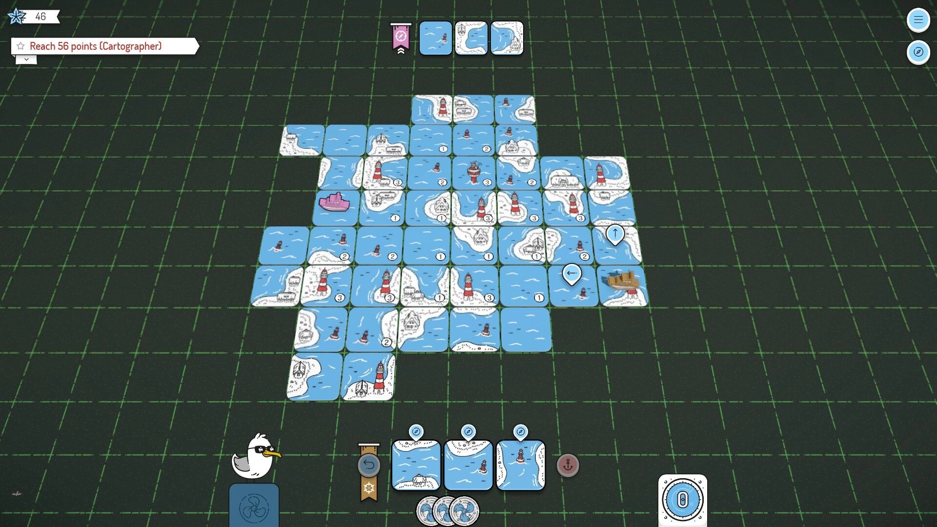 Beacon Patrol: Tile grid with lighthouses and waterways, score goal and duck icon on green grid background