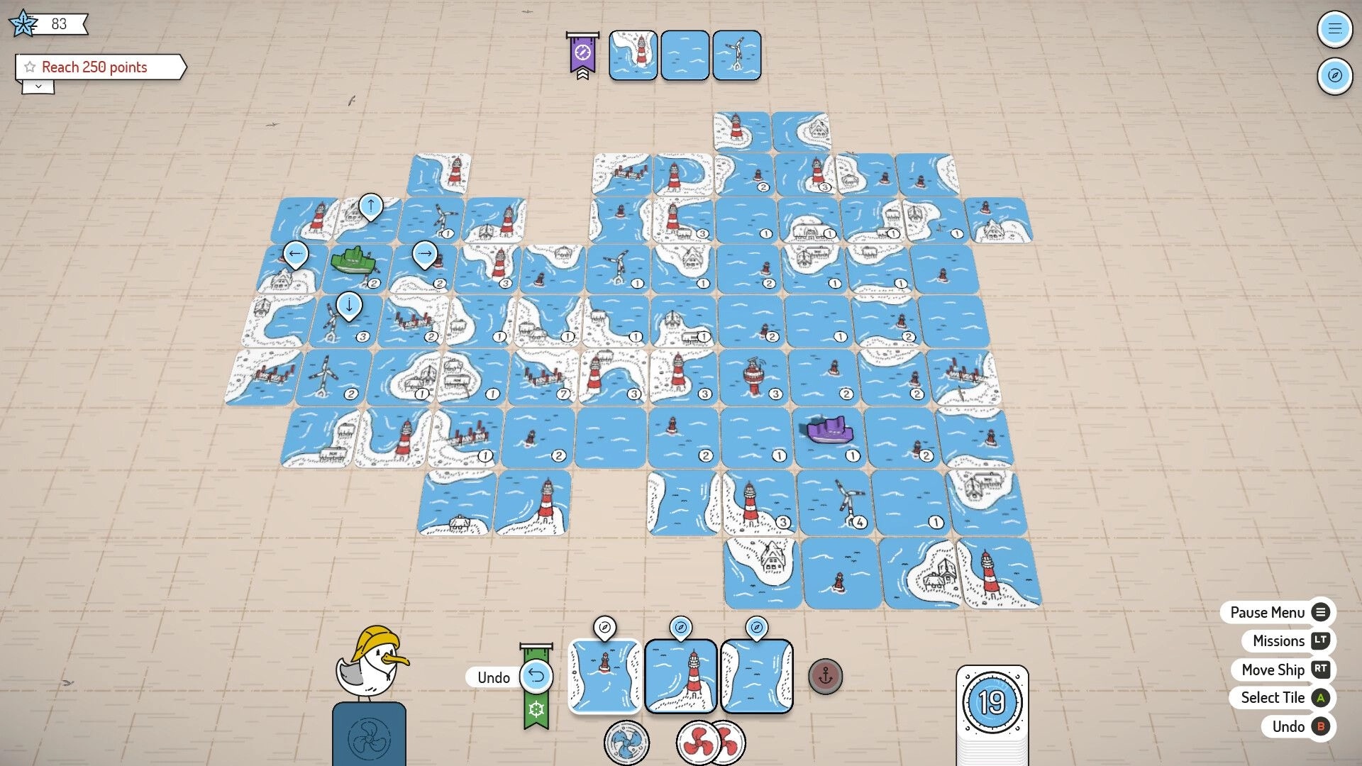 Beacon Patrol: Tile map layout with lighthouses, score display, and ship movement options in menu
