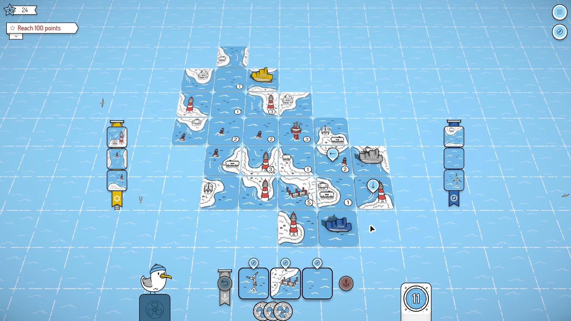 Beacon Patrol: Tile map with lighthouses and waterways, score objectives, and seagull character icon