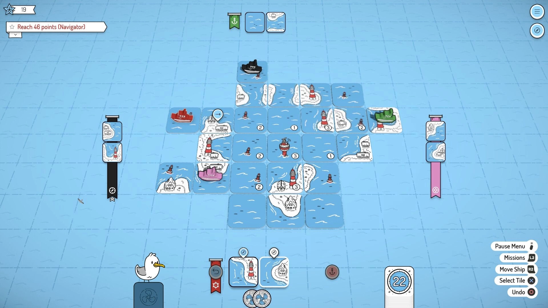 Beacon Patrol: Tile layout with ships, lighthouses, and menu options in a grid-based ocean setting