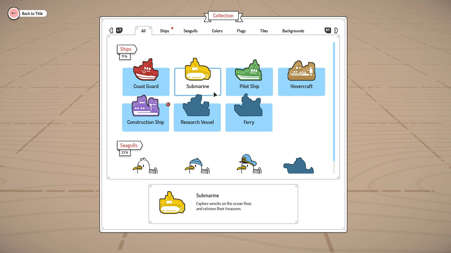 Beacon Patrol: Ship selection menu featuring Coast Guard, Submarine, and other vessels in a grid layout.