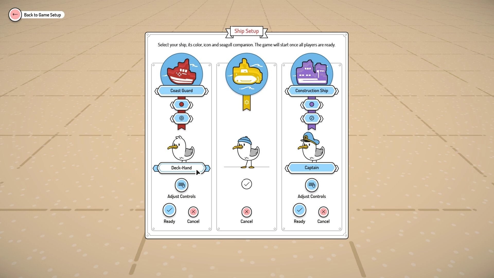 Beacon Patrol: Ship setup screen with Coast Guard, Construction Ship, and seagull companions visible.