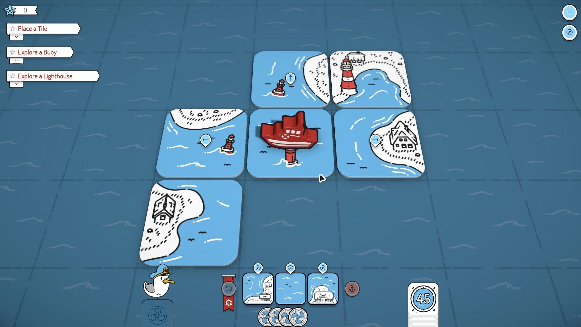 Beacon Patrol: Tile placement with lighthouses and buoys in a coastal map, interface elements shown