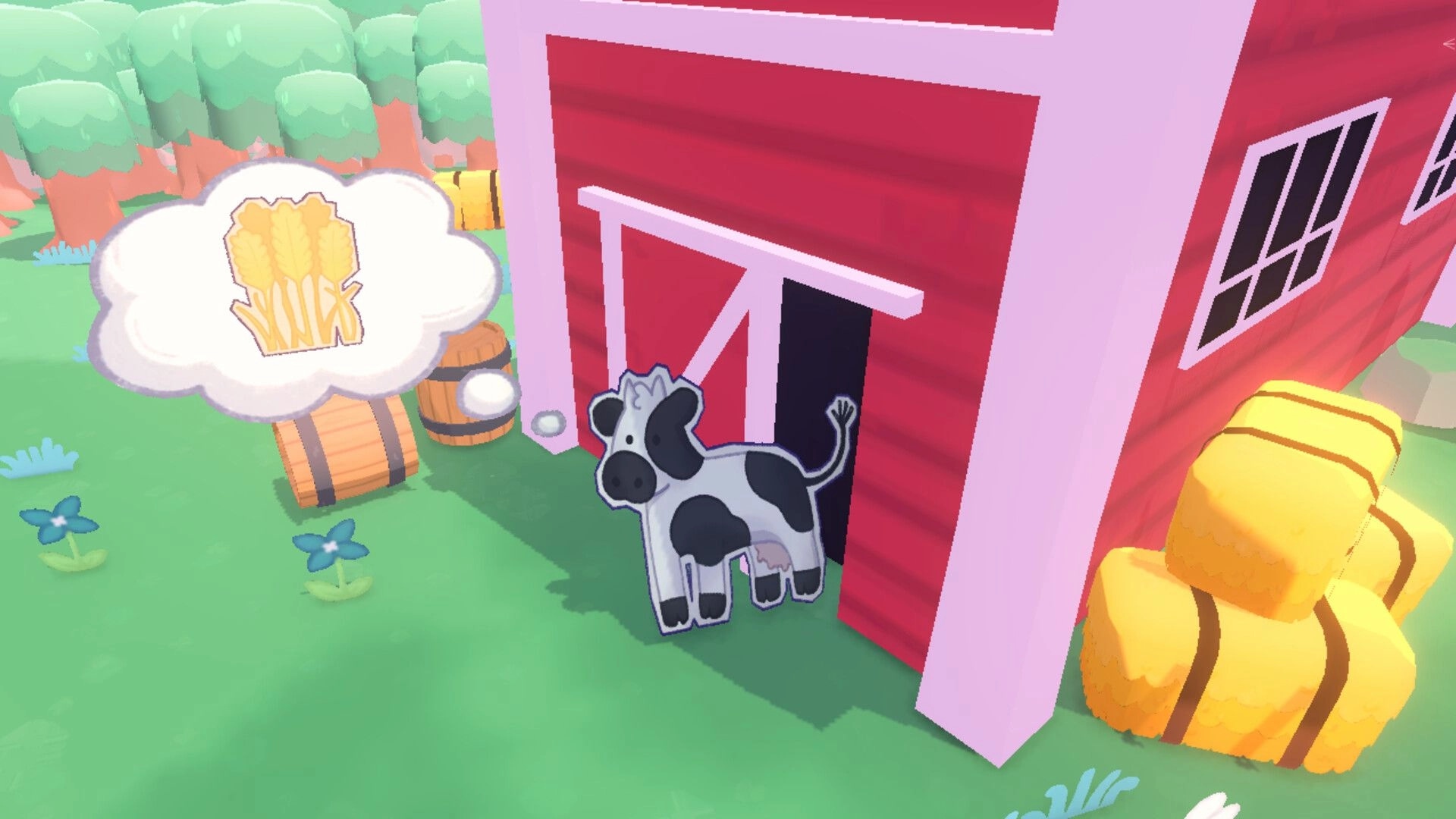Beam it up, Blorp!: Cow by a red barn door with hay bales and a thought bubble of wheat nearby.