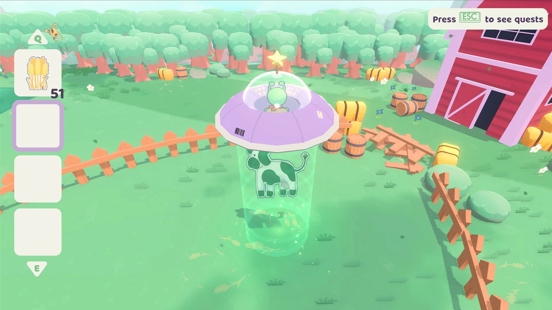 Beam it up, Blorp!: UFO tractor beam lifts a cow by a red barn, hay bales, fences, and trees.
