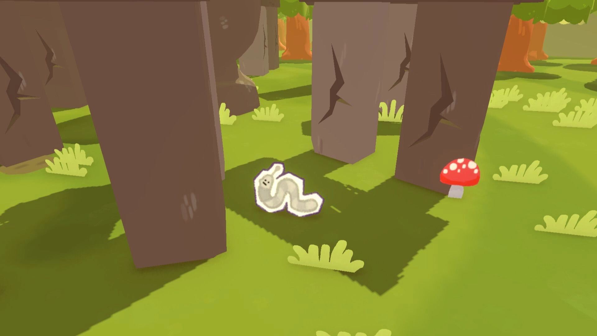 Beam it up, Blorp!: White worm-like creature on grass beside a red mushroom in a low-poly forest grove.