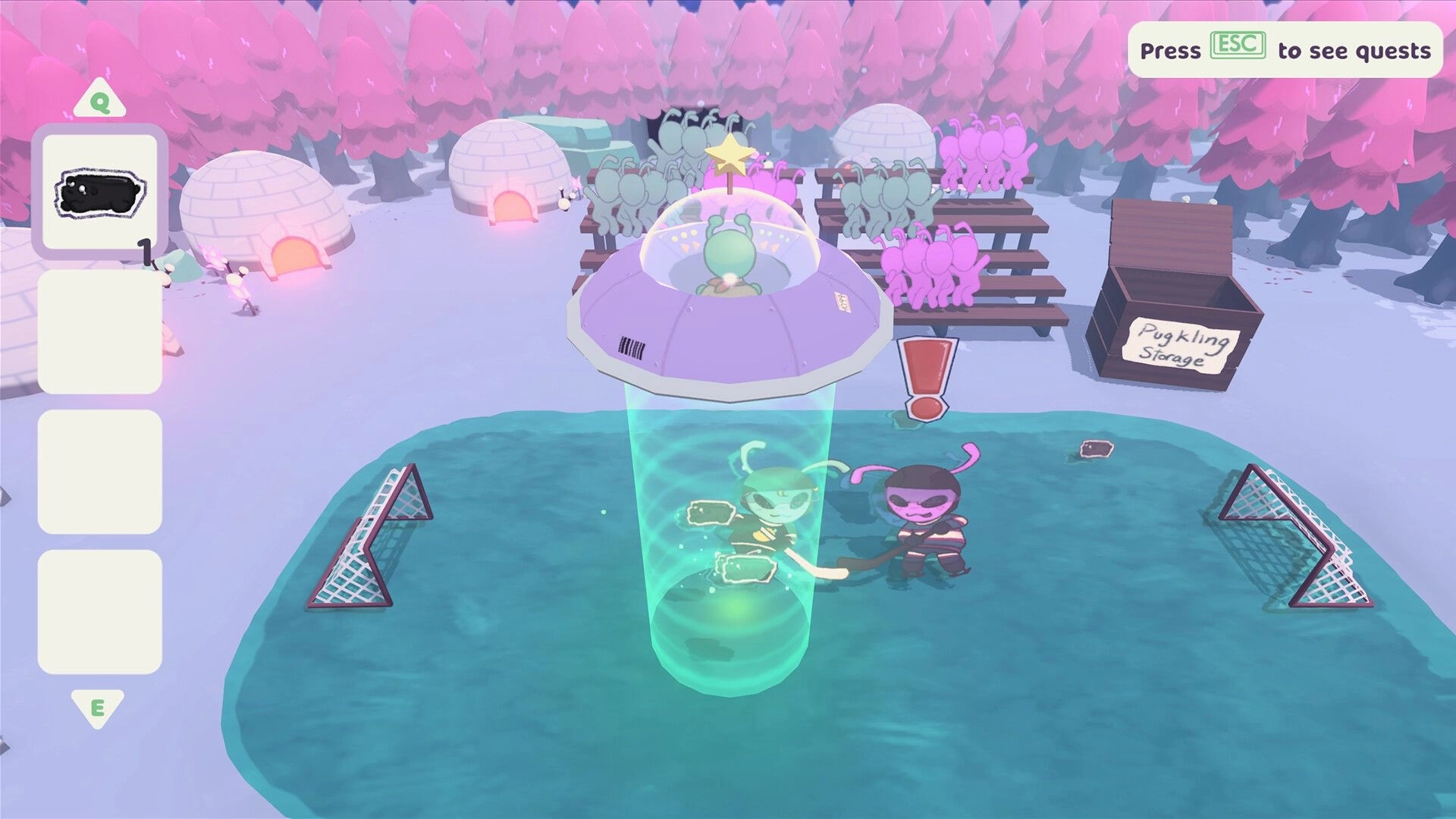 Beam it up, Blorp!: UFO beams up a green pugling on icy rink beside purple one, pink forest camp.