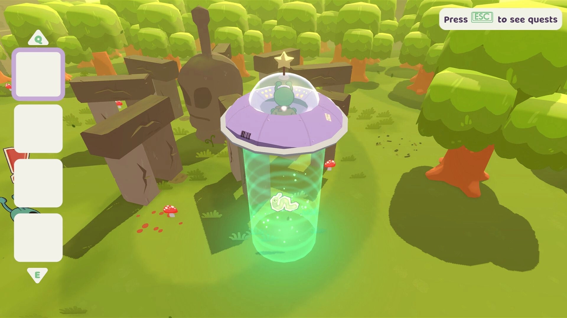 Beam it up, Blorp!: UFO beaming up a worm creature near stone ruins in a forest, quest hint UI visible.