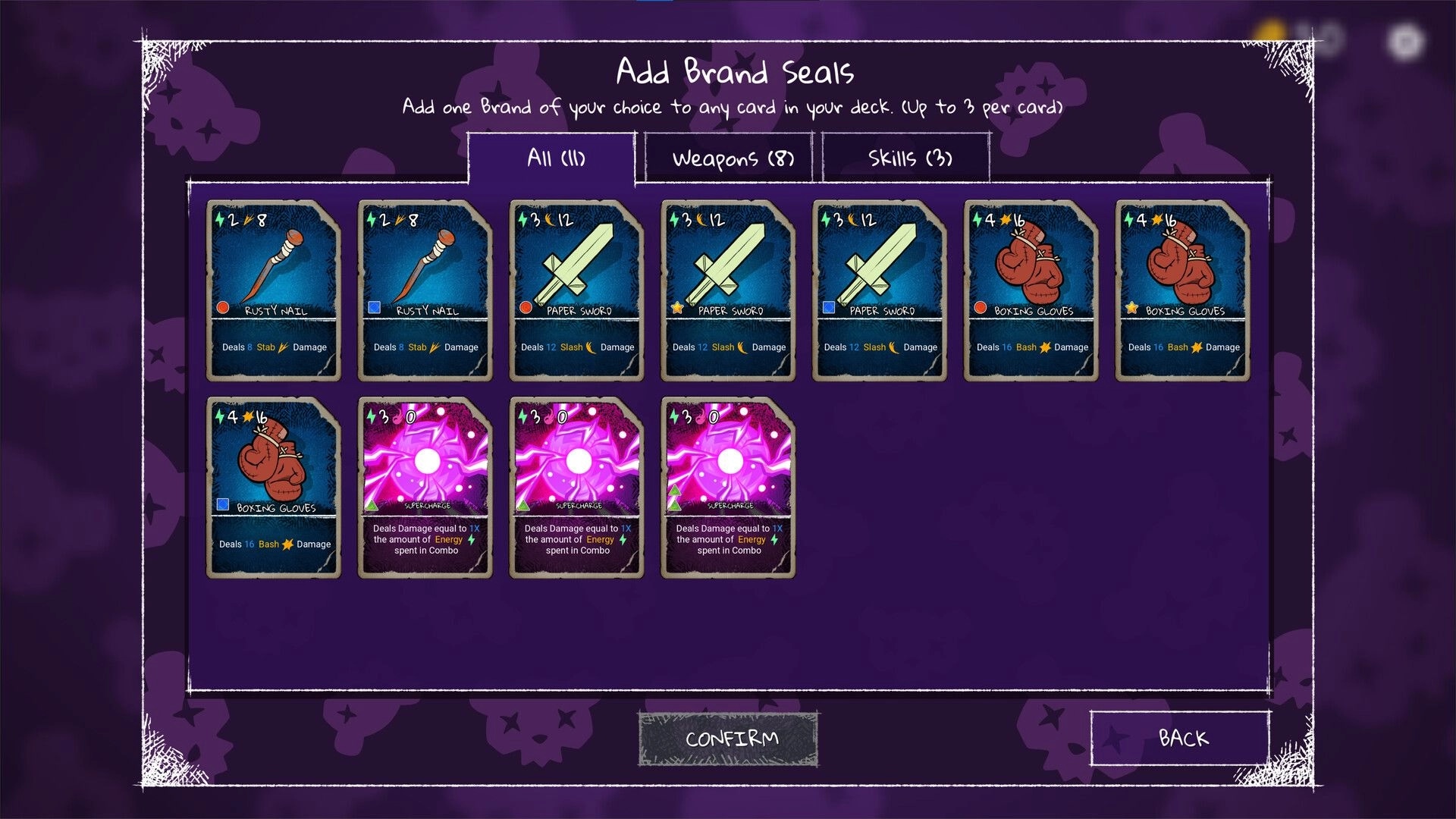 Bearly Brave: Brand Seals selection menu with various card options in a purple-themed toy shop setting.