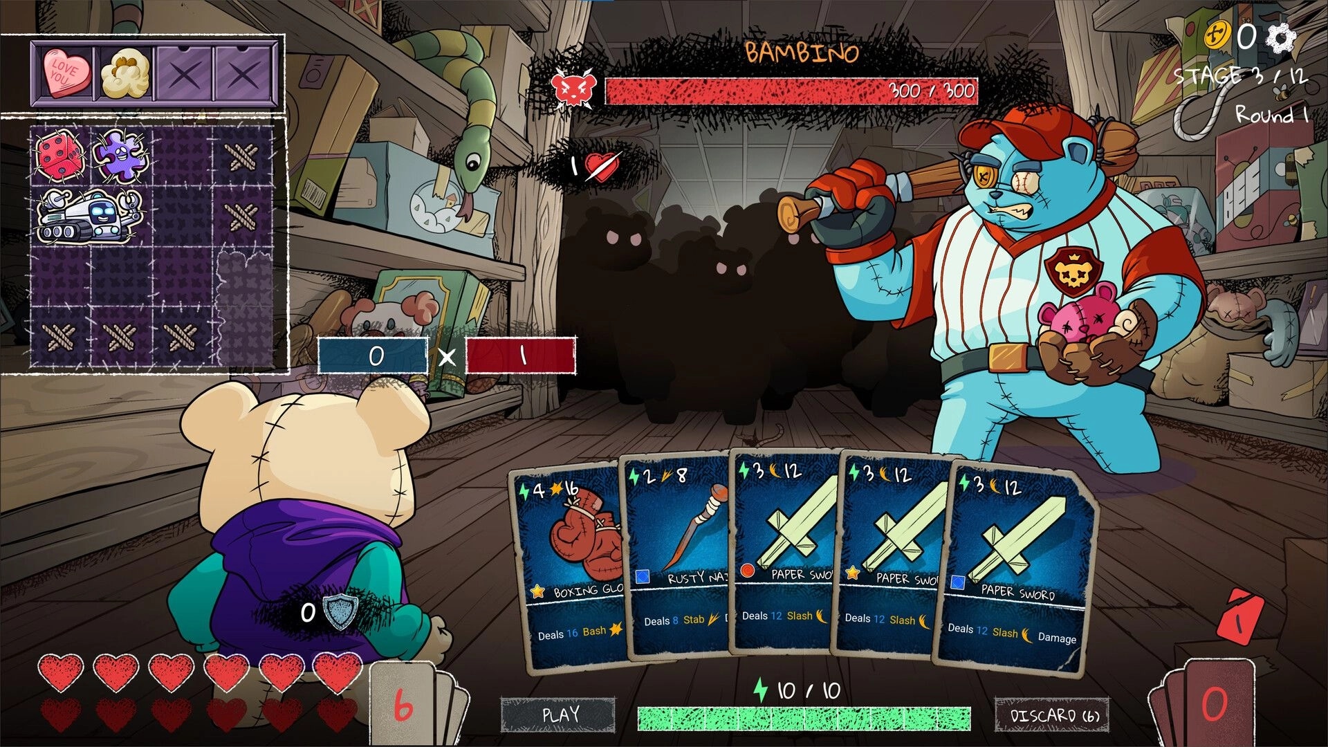 Bearly Brave: Teddy bear hero faces off against Bambino in toy shop with cards and health bars visible