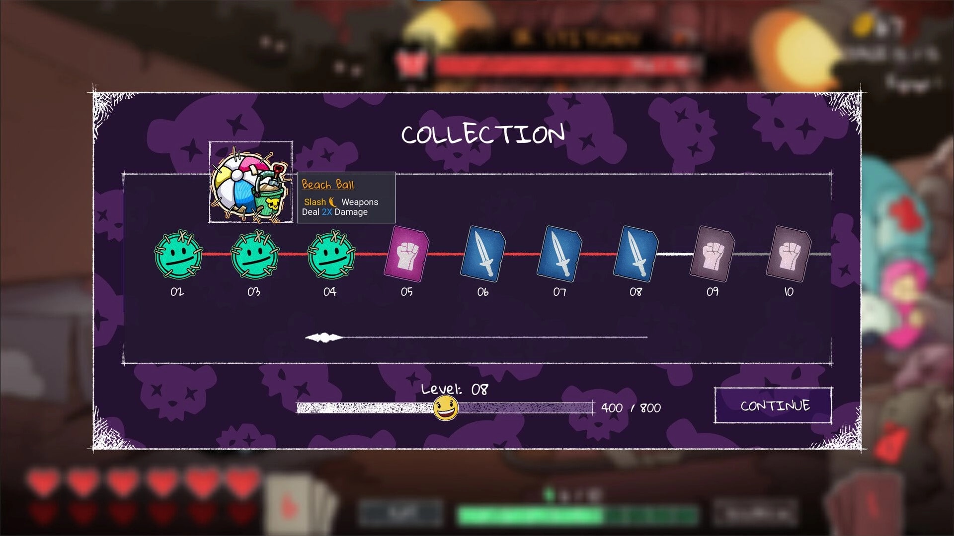 Bearly Brave: Collection menu displaying progress with cards and level bar in a toy shop setting.