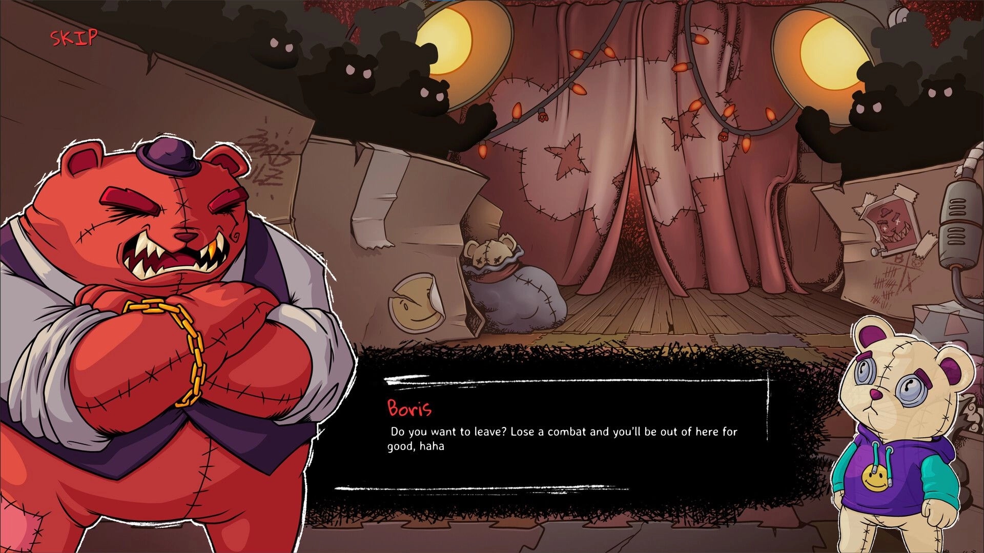 Bearly Brave: Boris challenges a bear in a dimly lit toy shop arena with stitched curtains.