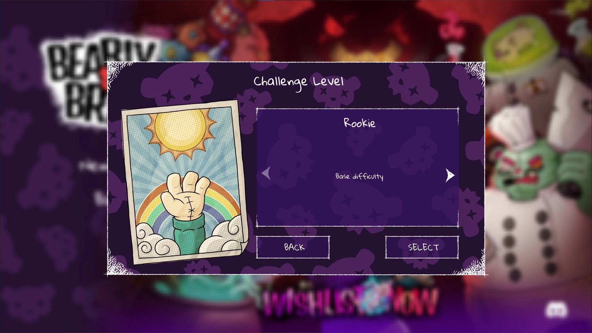 Bearly Brave: Challenge level selection screen with Rookie difficulty option in a whimsical toy shop